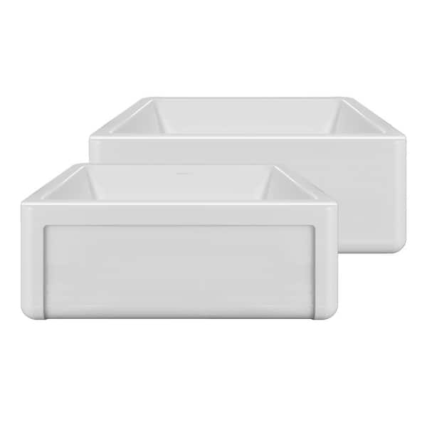 27 in. Reversible Single Bowl Fireclay Kitchen Sink with Grid Set: 3 Edge Frame, Plain Front Apron