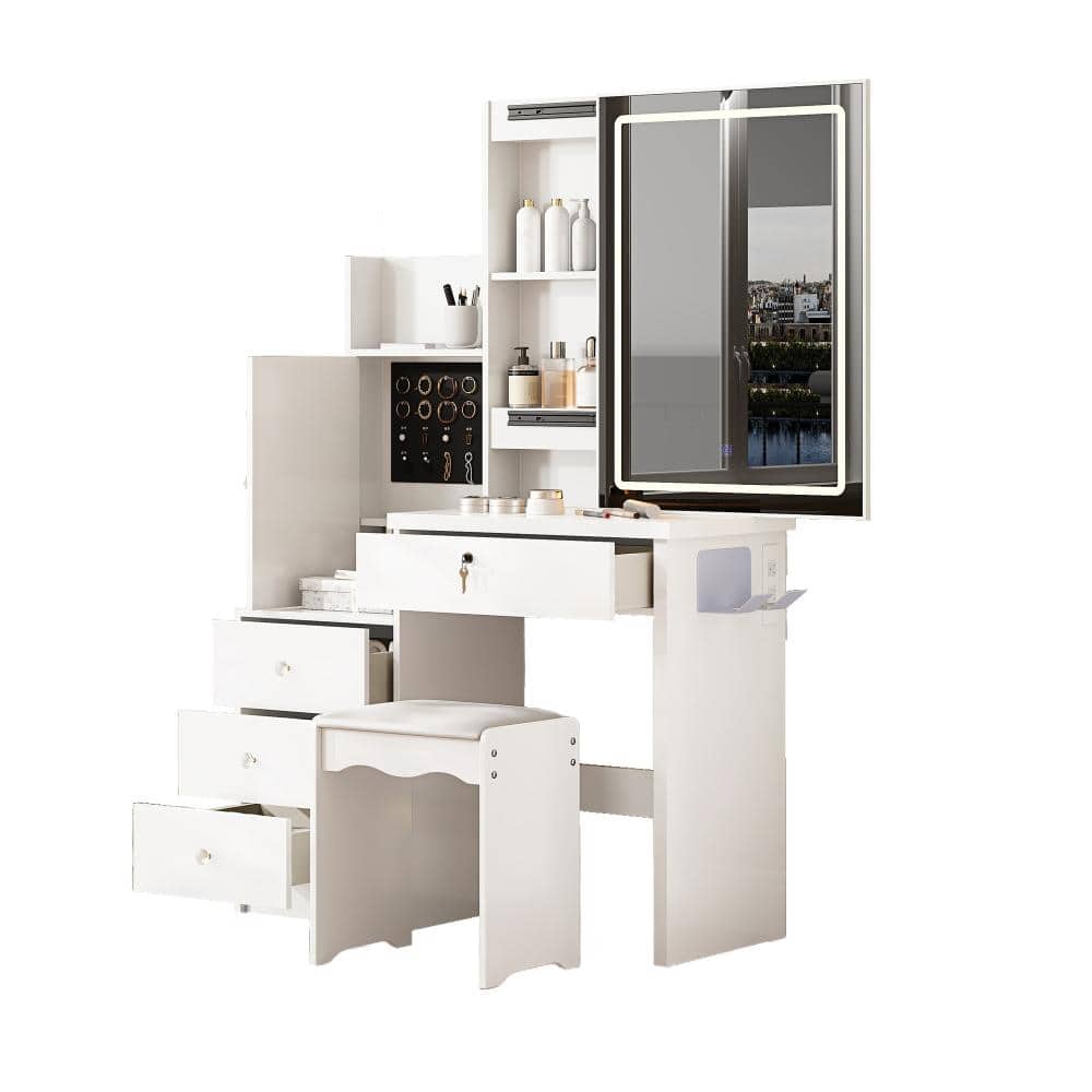 2-Piece White Vanity Table Set with Sliding LED Mirror, 4 Drawers & Hidden Storage durable construction