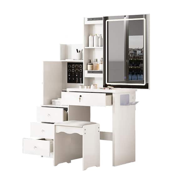 2-Piece White Vanity Table Set with Sliding LED Mirror, 4 Drawers & Hidden Storage durable construction