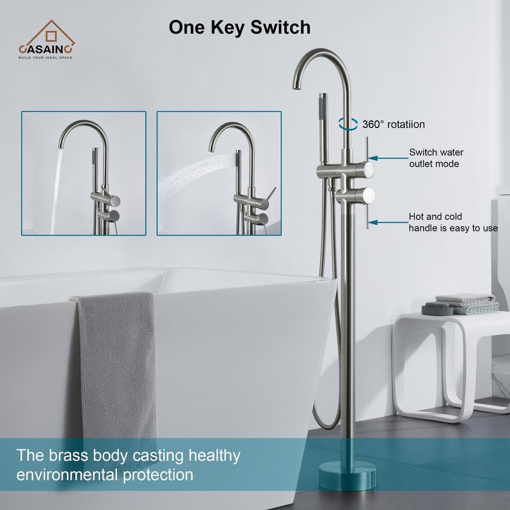Brushed Nickel Freestanding Tub Filler with Hand Shower