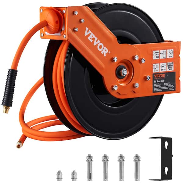 Retractable Air Hose Reel, 3/8in. x 50ft. Hybrid Hose, 300PSI, Ceiling/Wall Mount Heavy Duty Steel Reel with 5in. Lead