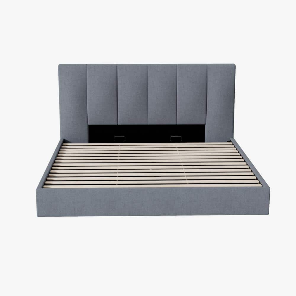 King Dark Grey Linen Upholstered Platform Bed with Tufted Headboard