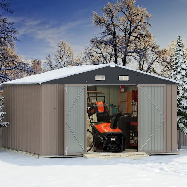 10 ft. W x 10 ft. D Brown Storage Shed Galvanized Metal Shed with Lockable Doors 100 sq. ft.