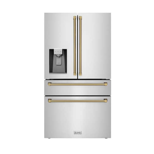 ZLINE Kitchen and Bath Autograph Edition 36 in. Counter-Depth French Door 22.5 cu ft Refrigerator in Stainless Steel with Gold Helix Handles RFMZ-W-36-KG