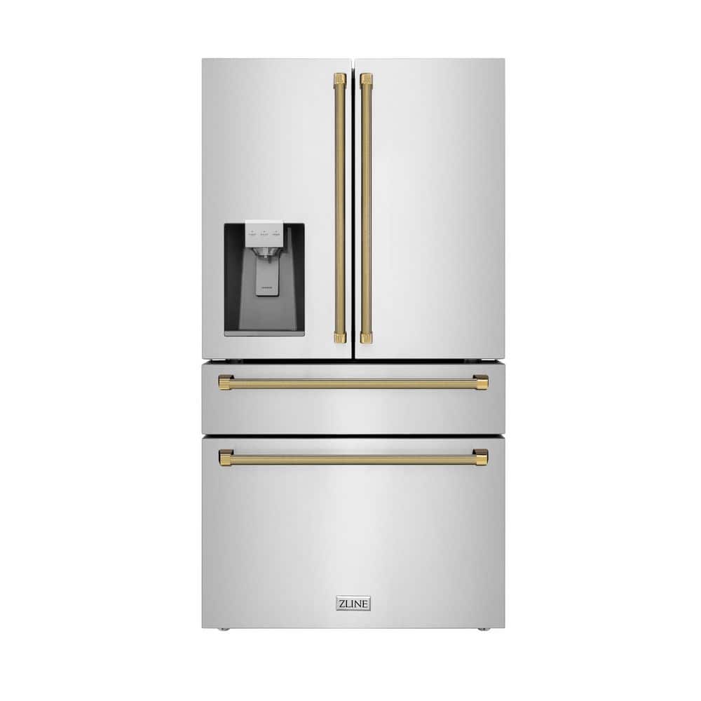 ZLINE Kitchen and Bath Autograph Edition 36 in. Counter-Depth French Door 22.5 cu ft Refrigerator in Stainless Steel with Gold Helix Handles