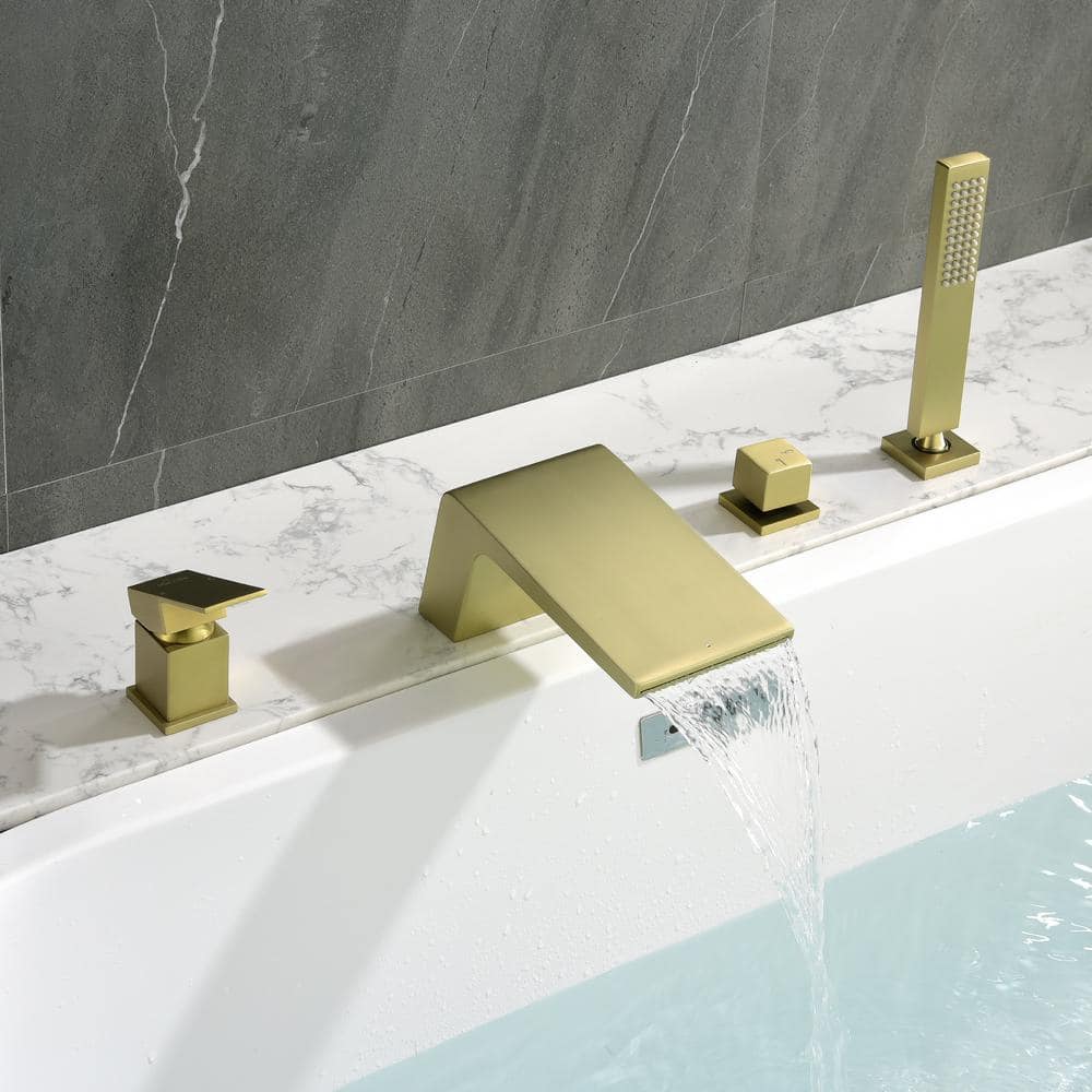 Brushed Gold Single-Handle Waterfall Tub Faucet with Hand Shower
