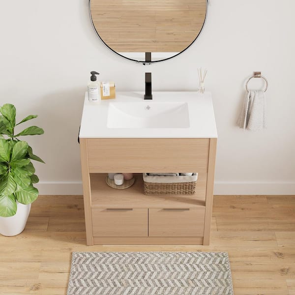 30 in. W x 18 in. D x 31 in. H Natural Wood Bath Vanity with White Ceramic Sink Top with Drawers with Tissue Holder