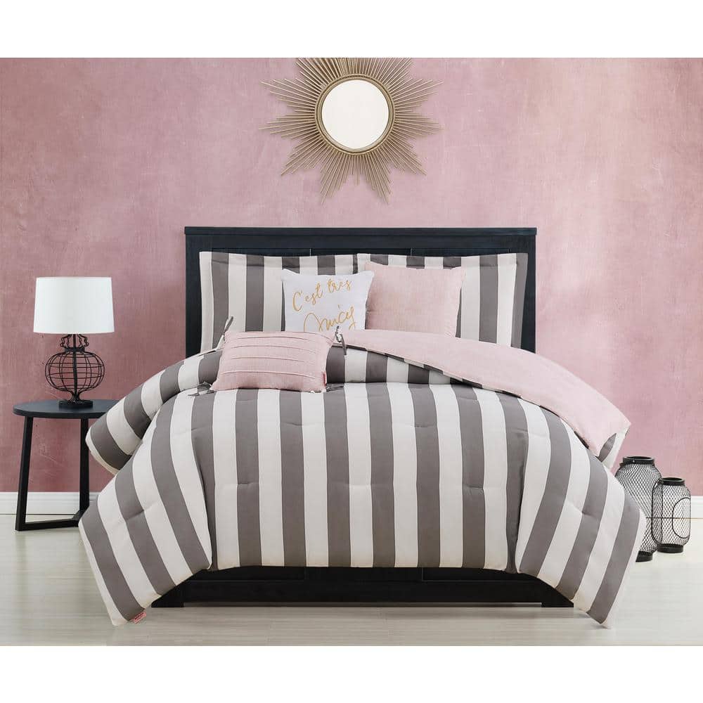 Grey and White Striped Microfiber Full Comforter Set