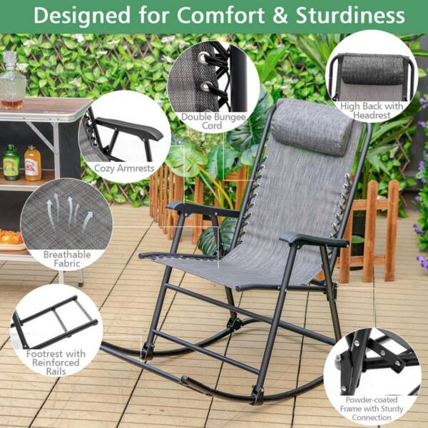 Clihome Metal Outdoor Rocking Chair Patio Camping Lightweight Folding Chairing Gray with Footrest