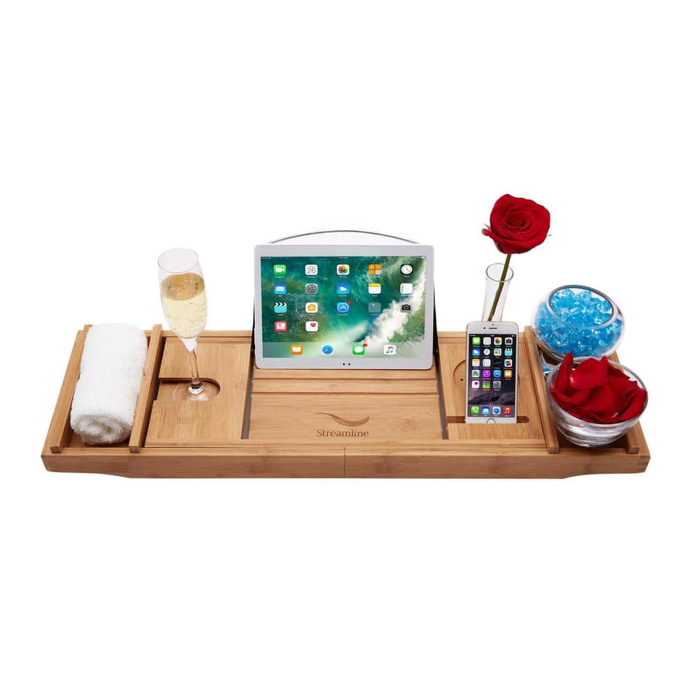 59" Glossy White Acrylic Freestanding Soaking Tub with Bamboo Tray