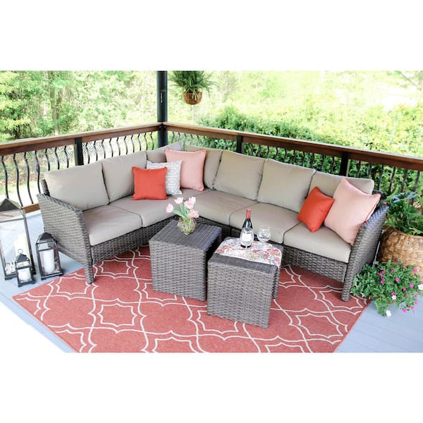 Leisure Made Canton 6-Piece Wicker Outdoor Sectional Seating Set with Tan Polyester Cushions