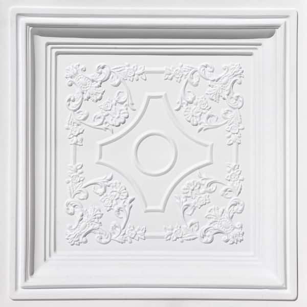 FROM PLAIN TO BEAUTIFUL IN HOURS British Sterling White Matte 2 ft. x 2 ft. PVC Glue Up or Lay In Faux Tin Ceiling Tile (40 sq. ft./case)