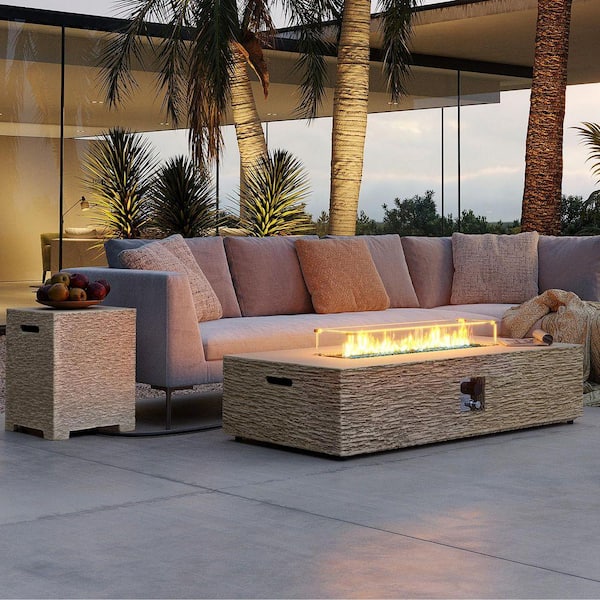 56 in. Rectangular Magnesium Oxide Outdoor Fire Pit Table with Tank Cover, Wind Guard and Rain Cover in Beige