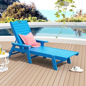 Harlo Pacific Blue HDPE All Weather Fade Proof Plastic Reclining Adjustable Back Outdoor Patio Chaise Lounge Armchair