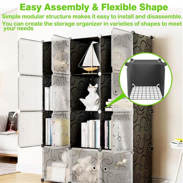 Black Plastic 12-Cube Storage Organizer for Bedroom Office Living