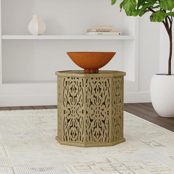 Coaster Torres 17.5 in. Natural Brown Octagonal Solid Wood End Table with Intricate Openwork Carvings