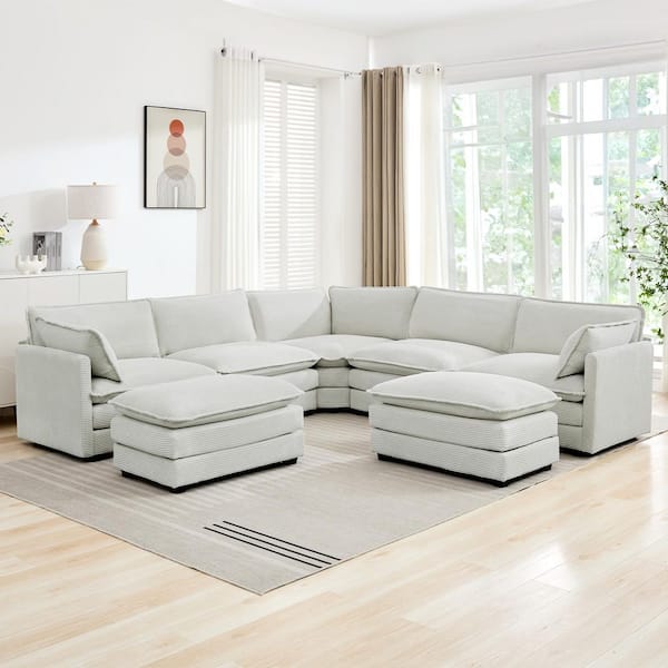 113.4 in. W 7-Piece Modern Corduroy Fabric Sectional Sofa with Ottoman in Gray
