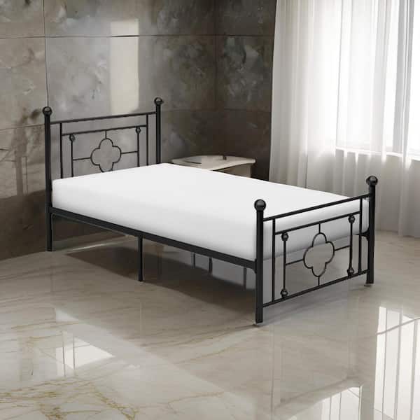 Benjara Black Metal Frame Twin Platform Bed with Quatrefoil Pattern and Ball Finials