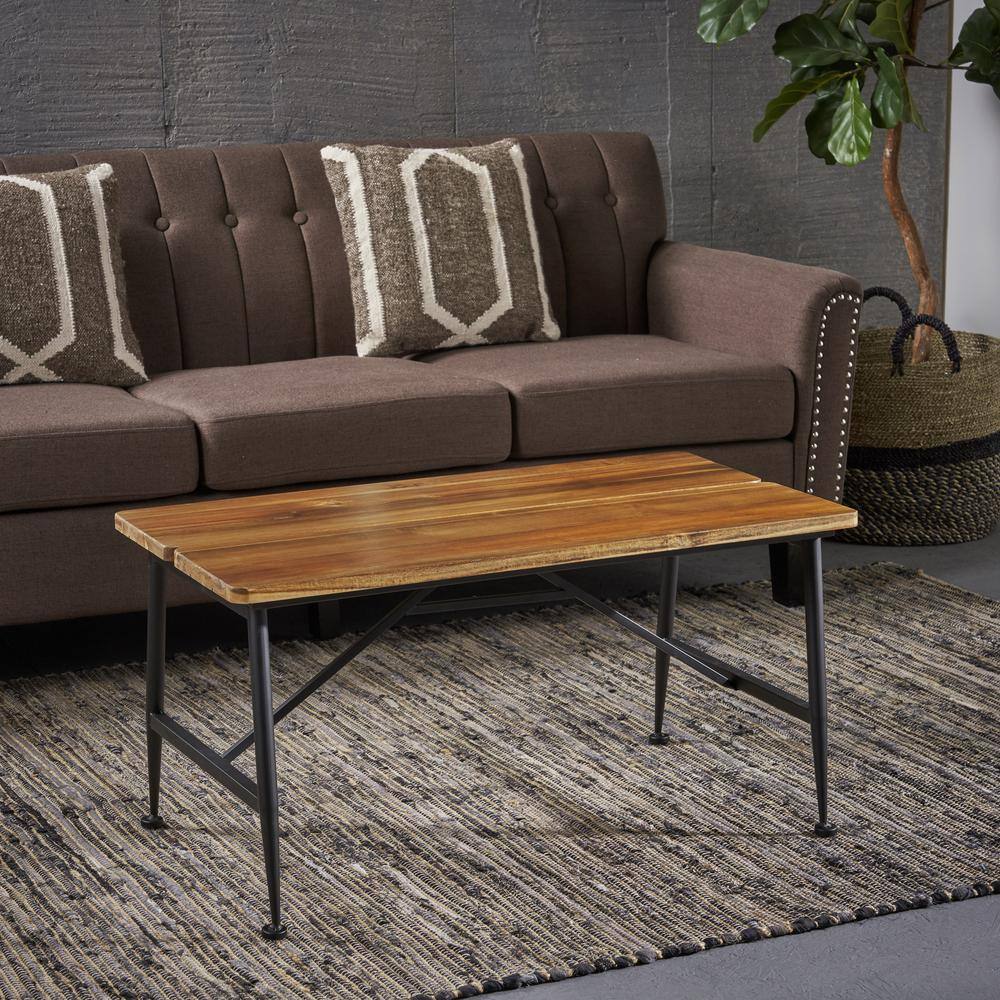 Sleek Antique Acacia Wood and Black Iron Patio Coffee Table