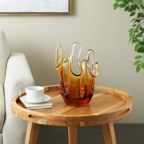 12 in. Orange Ombre Glass Abstract Decorative Geometric Vase with Wavy Oval Cutouts