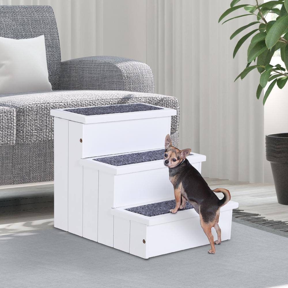 White Wooden 3-Step Pet Stairs with Carpet and Storage
