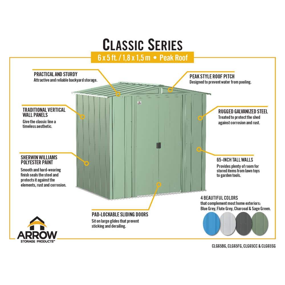Arrow Classic 6x5 Flute Grey Steel Storage Shed with Sliding Doors