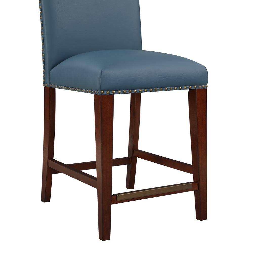 Blue Faux Leather and Wood Counter Stool with Nailhead Trim