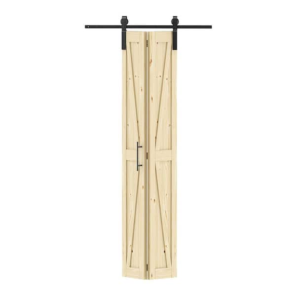 24 in. x 84 in. Solid Core Brown Finished Pine Wood Bi-Fold Door with Hardware Track Kit