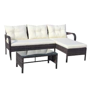 3-Piece PE Wicker Patio Conversation Set Outdoor Furniture Set L-Shape Sectional Sofa Set with Table and Beige Cushion