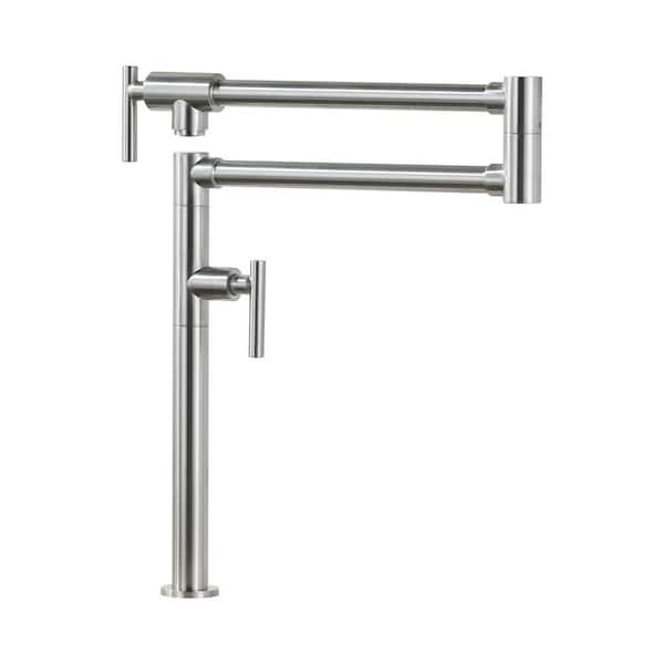 Deck Mounted Brass Pot Filler Kitchen Faucet with Double Handle and Joint Swing Arm in Brushed Nickel