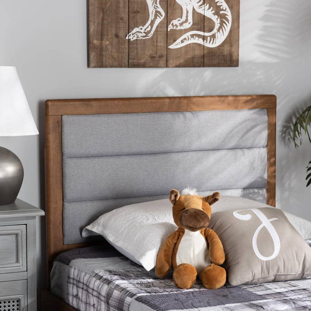 Light Gray Upholstered Twin Headboard with Walnut Wood Frame