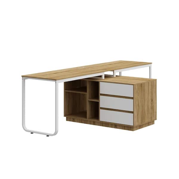 FUFU&GAGA 94.6 in. W T-Shape Brown Wood Grain Wooden 6-Drawer 2 People Office Computer Desk, with 8 Open Shelves for Office
