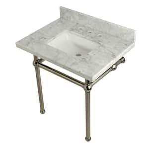 Square-Sink Washstand 30 in. Console Table in Carrara with Metal Legs in Polished Nickel