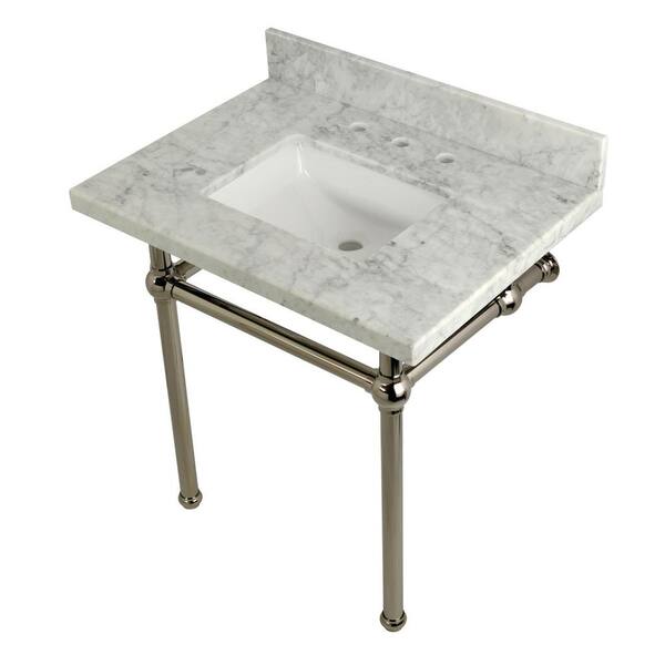 Kingston Brass Square-Sink Washstand 30 in. Console Table in Carrara with Metal Legs in Polished Nickel