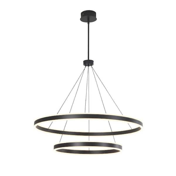 2 Lights Black Rings Dimmable LED Chandelier for Living Room Stair Lobby, 31.5 in. Hanging Pendant Light