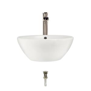 Porcelain Vessel Sink in Bisque with 731 Faucet and Pop-Up Drain in Brushed Nickel