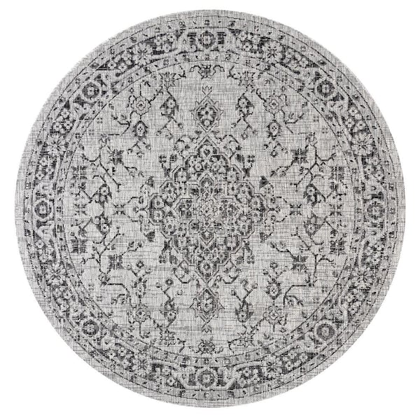 Rozetta Boho Medallion Textured Weave Gray/Black 5 ft. Round Indoor/Outdoor Area Rug