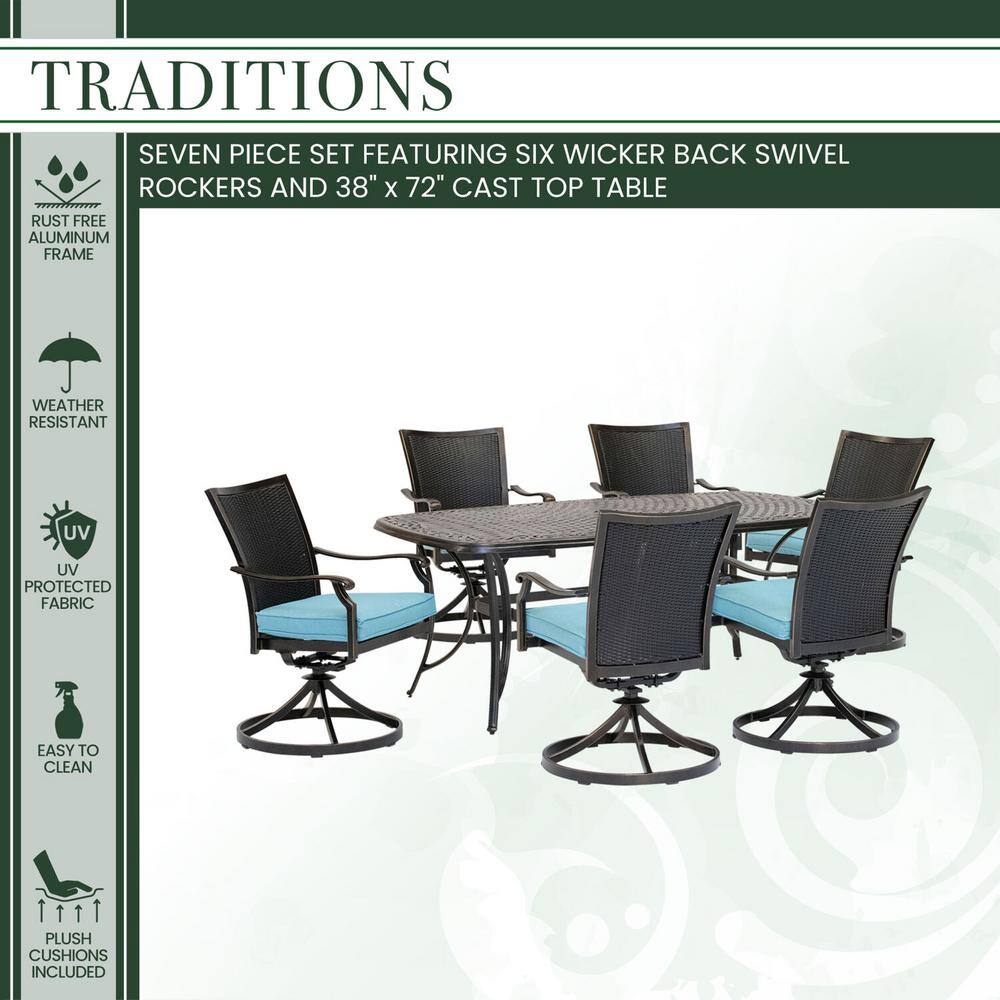 Traditions Elegance 7-Piece Blue Cast-Top Outdoor Dining Set with Wicker Swivel Rockers