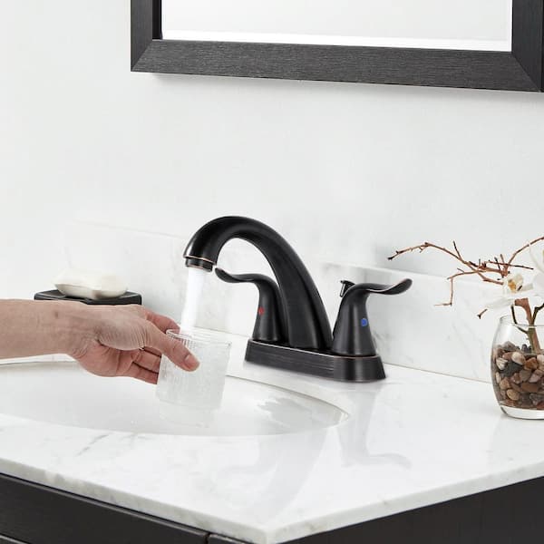 Modern High Arc 4 in. Centerset Double Handle Bathroom Faucet with Lift Rod Drain Kit in Oil Rubbed Bronze