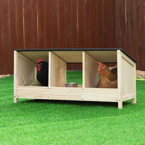 Wood Chicken Nesting Box 3-Compartments for Laying Eggs, Natural