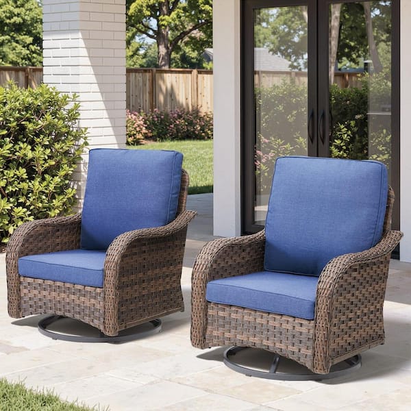 Rainf Brown Swivel Glider Wicker Outdoor Rocking Chair Patio Rocker Lounge Chairs with Blue Cushions (2-Pack)