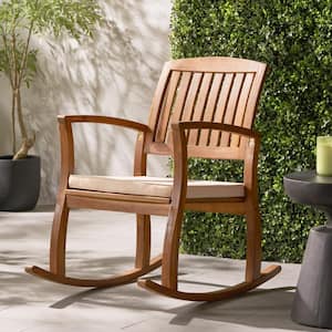 SELMA Brown Teak Outdoor Rocking Chair, Patio Rocking Chair with Cream Seat Cushion