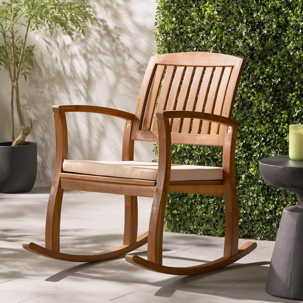 Unbranded SELMA Brown Teak Outdoor Rocking Chair, Patio Rocking Chair with Cream Seat Cushion