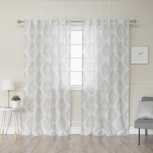 Grey Medallion Faux Linen Back Tab Sheer Curtain - 52 in. W x 84 in. L (Set of 2)
