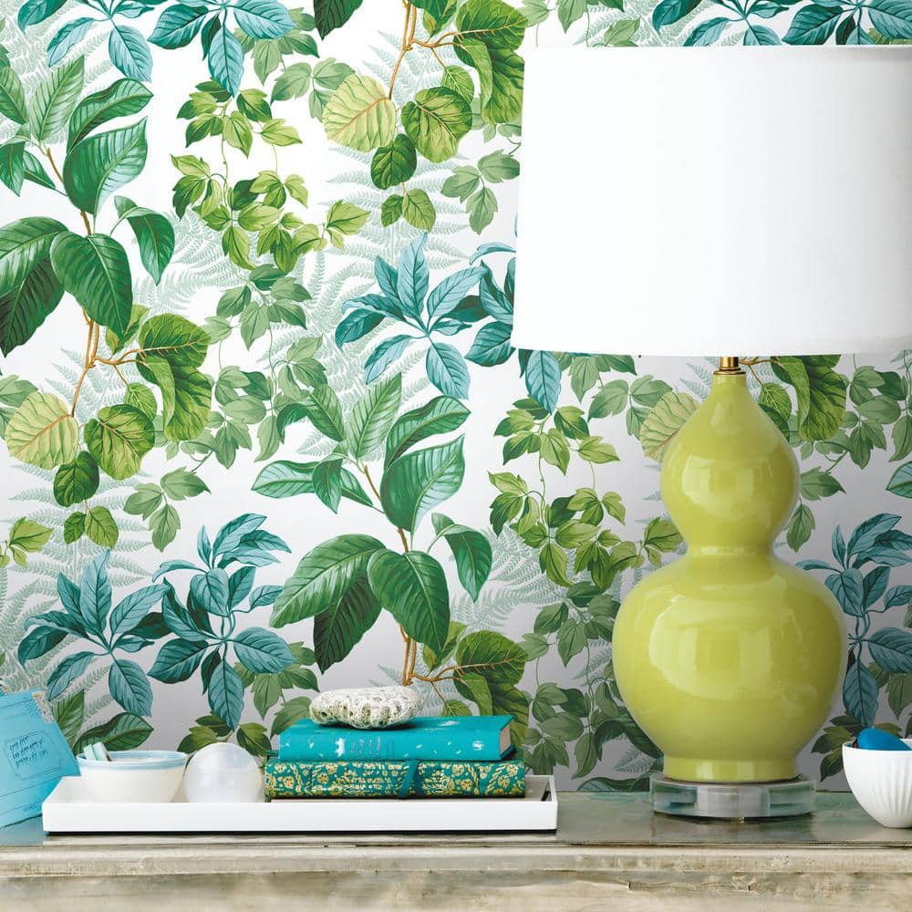 Green and White Tropical Leaves Peel and Stick Wallpaper Roll