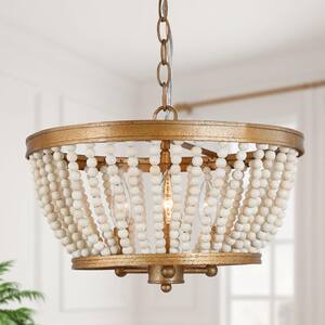 Modern Farmhouse Drum Dining Room Chandelier 3-Light Antique Gold Chandelier Light with White Wood Beads