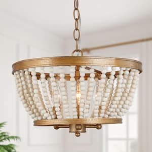 Boho Beaded Drum Chandelier Light 3-Light Modern Farmhouse Antique Gold Chandelier Light with White Wooden Beads