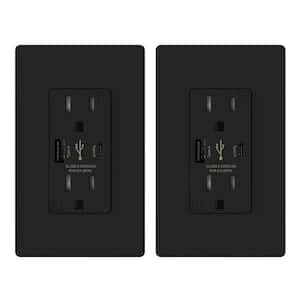 25-Watt 15 Amp Type C and Type A USB Duplex Outlet Smart Chip High Speed Charging Wall Plate Included, Black (2-Pack)