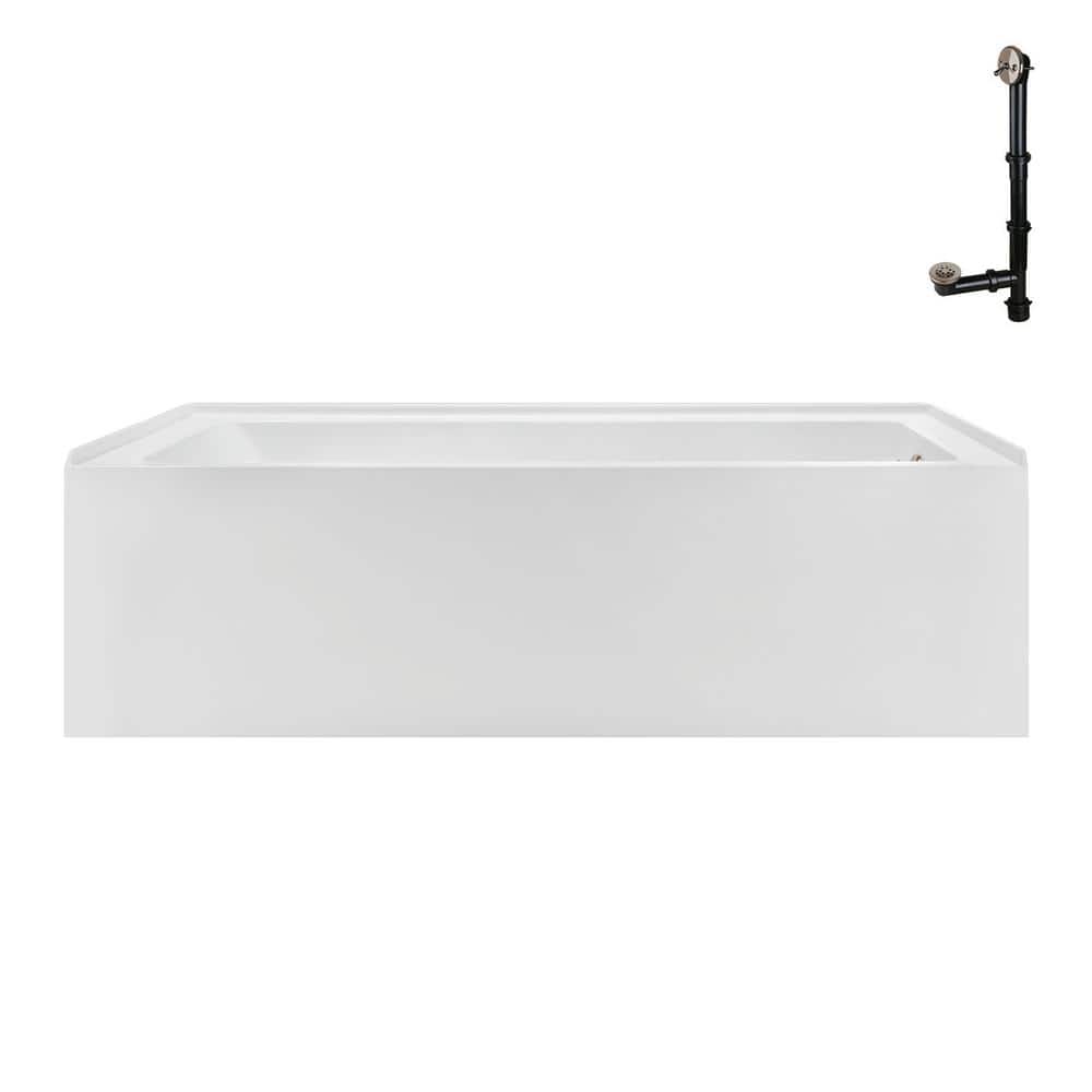 Glossy White Acrylic Right-Hand Drain Alcove Bathtub with Brushed Nickel Drain