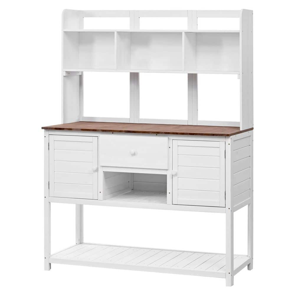 50.2 in. W x 66.1 in. H White Fir Wood Potting Bench with Hutch, Drawer and